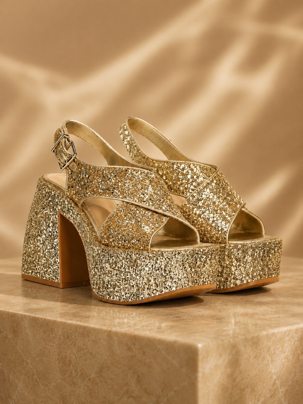 Gianni Bini Friday-Nite Gold Chunky Glitter Platform Dress Sandals Size 8